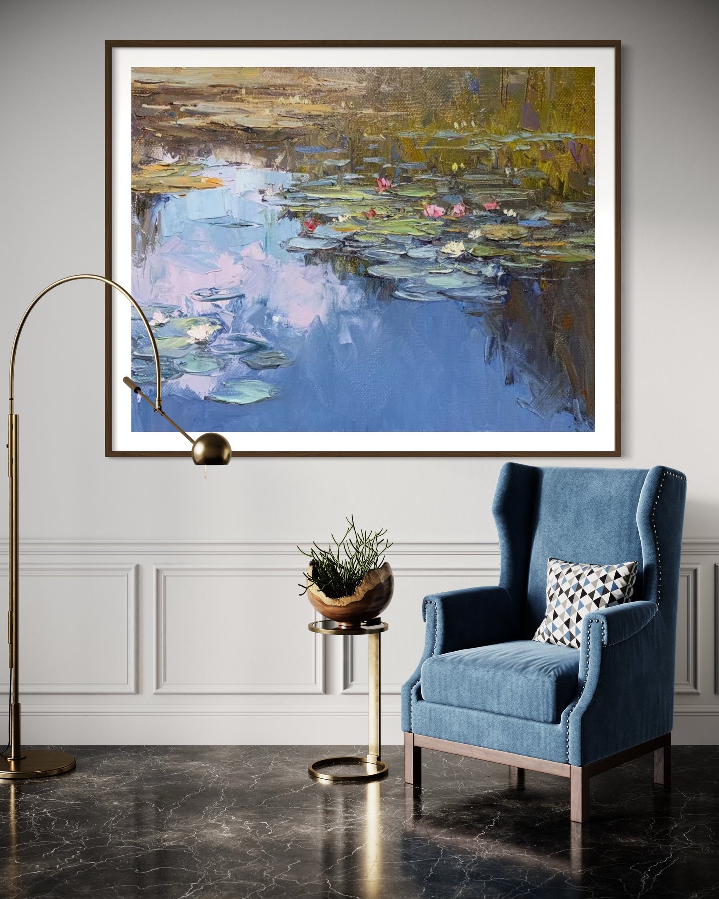 Reflective Pond with Water Lilies Oil Painting