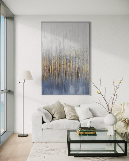 3D Textured Original Oil Painting on Canvas Golden&Blue Lines Large Abstract Acrylic Painting