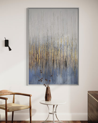 3D Textured Original Oil Painting on Canvas Golden&Blue Lines Large Abstract Acrylic Painting