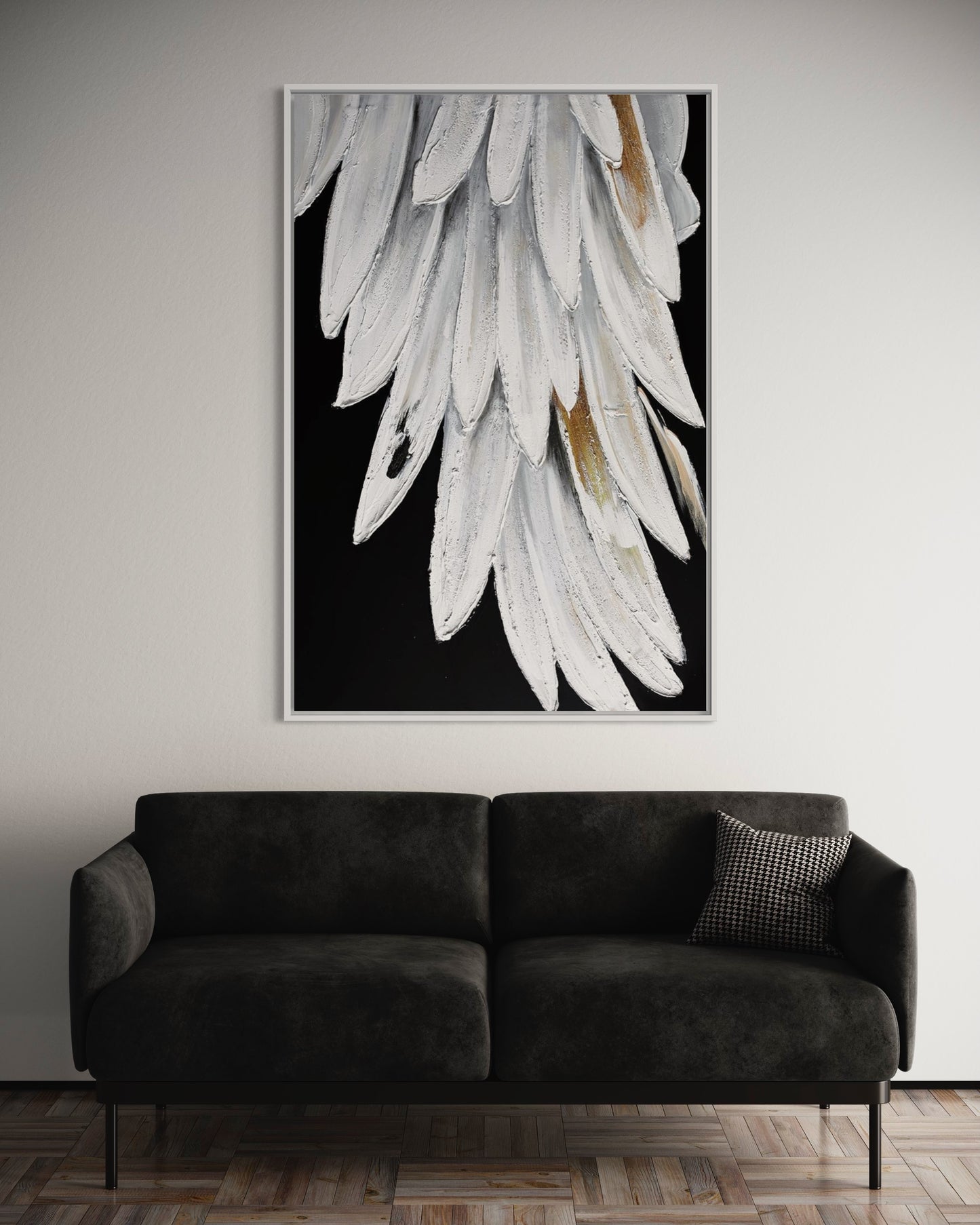 3D Textured Original Oil Painting on Canvas Black and White Feathers Large Abstract Acrylic Painting