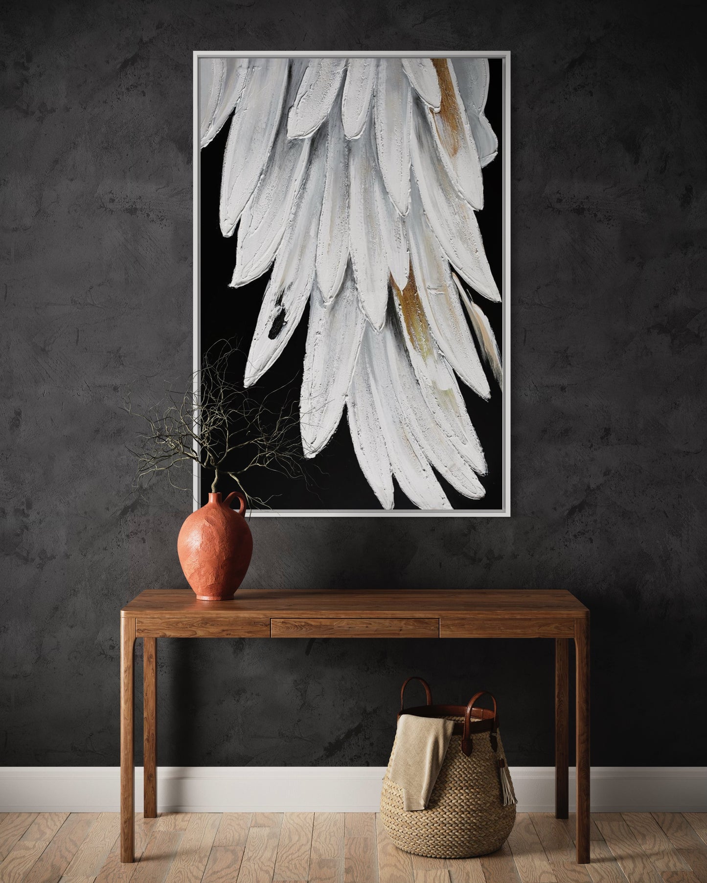 3D Textured Original Oil Painting on Canvas Black and White Feathers Large Abstract Acrylic Painting