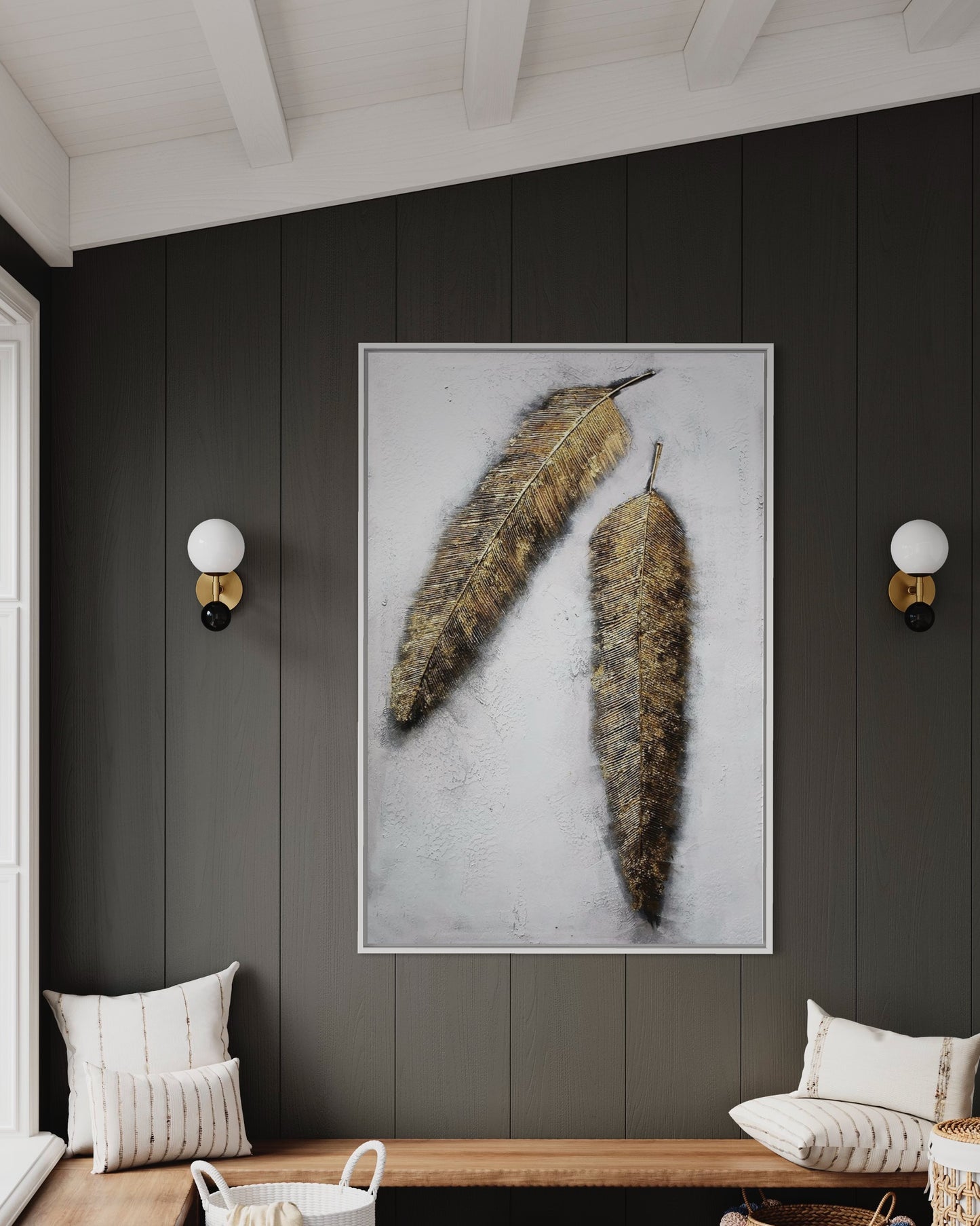 3D Textured Original Oil Painting on Canvas Golden Feathers Large Abstract Acrylic Painting