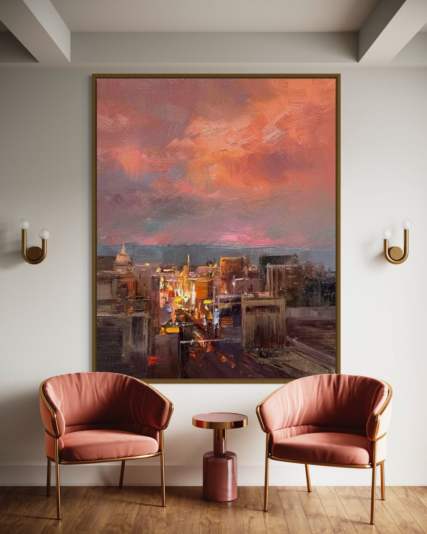 City Skyline at Sunset Oil Painting