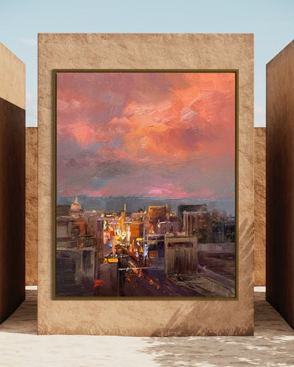 City Skyline at Sunset Oil Painting