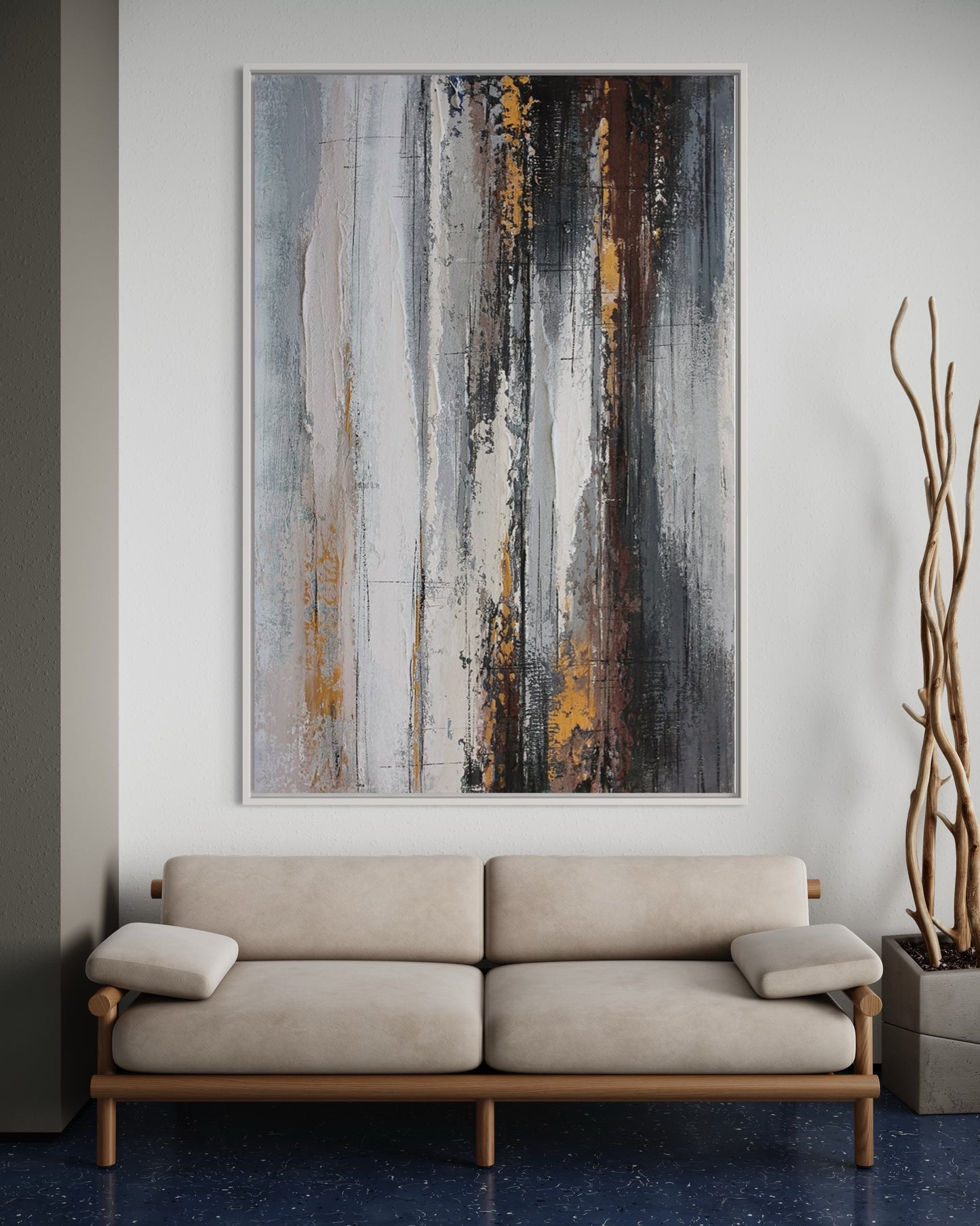 3D Textured Original Oil Painting on Canvas Black & White & Golden Lines Abstract Acrylic Painting