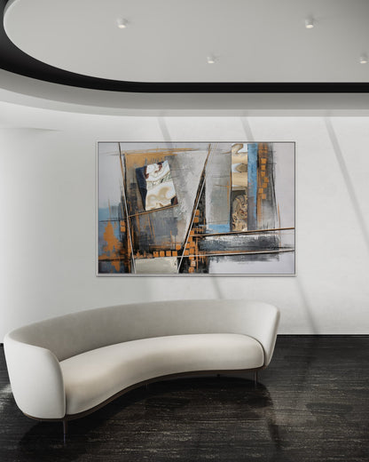 3D Textured Original Oil Painting on Canvas Grey Geometric Blocks Abstract Acrylic Painting