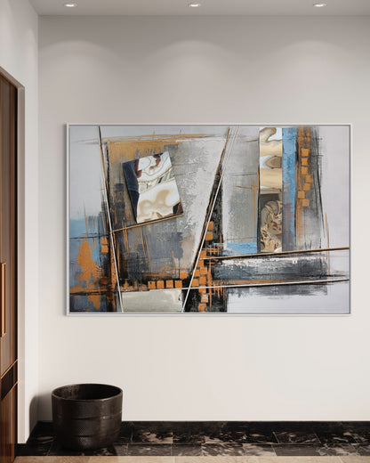 3D Textured Original Oil Painting on Canvas Grey Geometric Blocks Abstract Acrylic Painting
