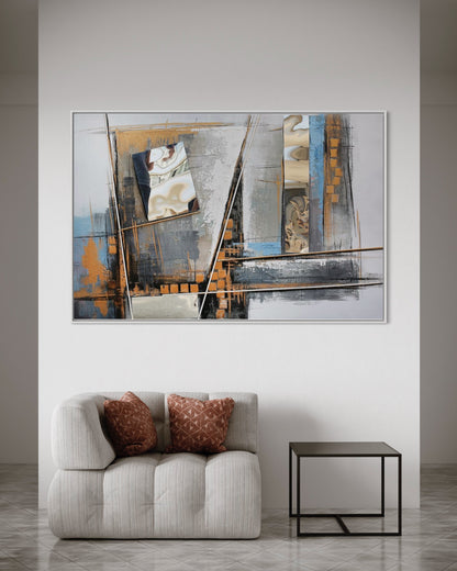 3D Textured Original Oil Painting on Canvas Grey Geometric Blocks Abstract Acrylic Painting