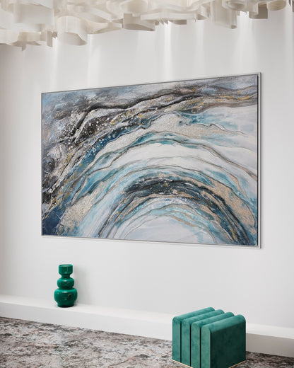 3D Textured Original Oil Painting on Canvas Blue Gold Flow Abstract Acrylic Painting