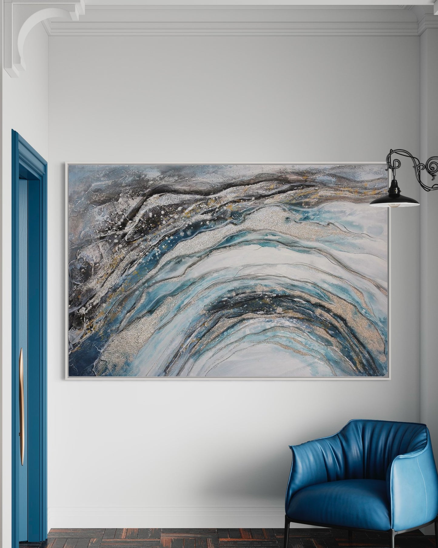 3D Textured Original Oil Painting on Canvas Blue Gold Flow Abstract Acrylic Painting