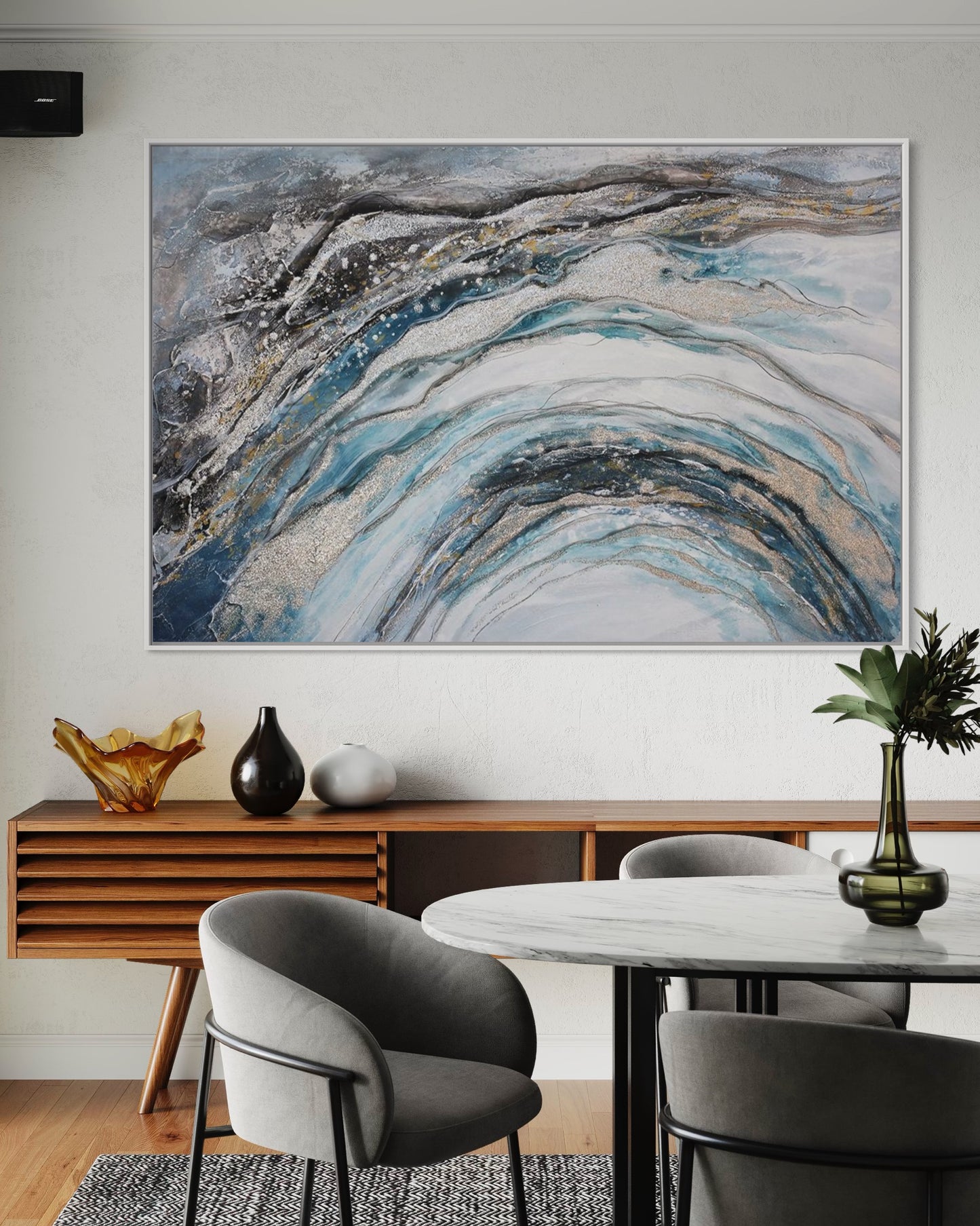 3D Textured Original Oil Painting on Canvas Blue Gold Flow Abstract Acrylic Painting