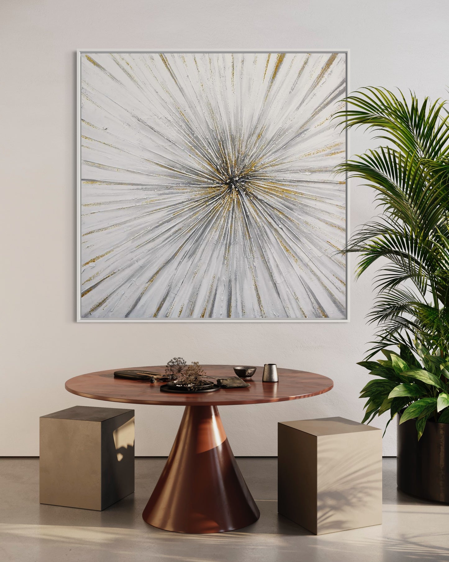 3D Textured Original Oil Painting on Canvas Golden Radial Abstract Acrylic Painting