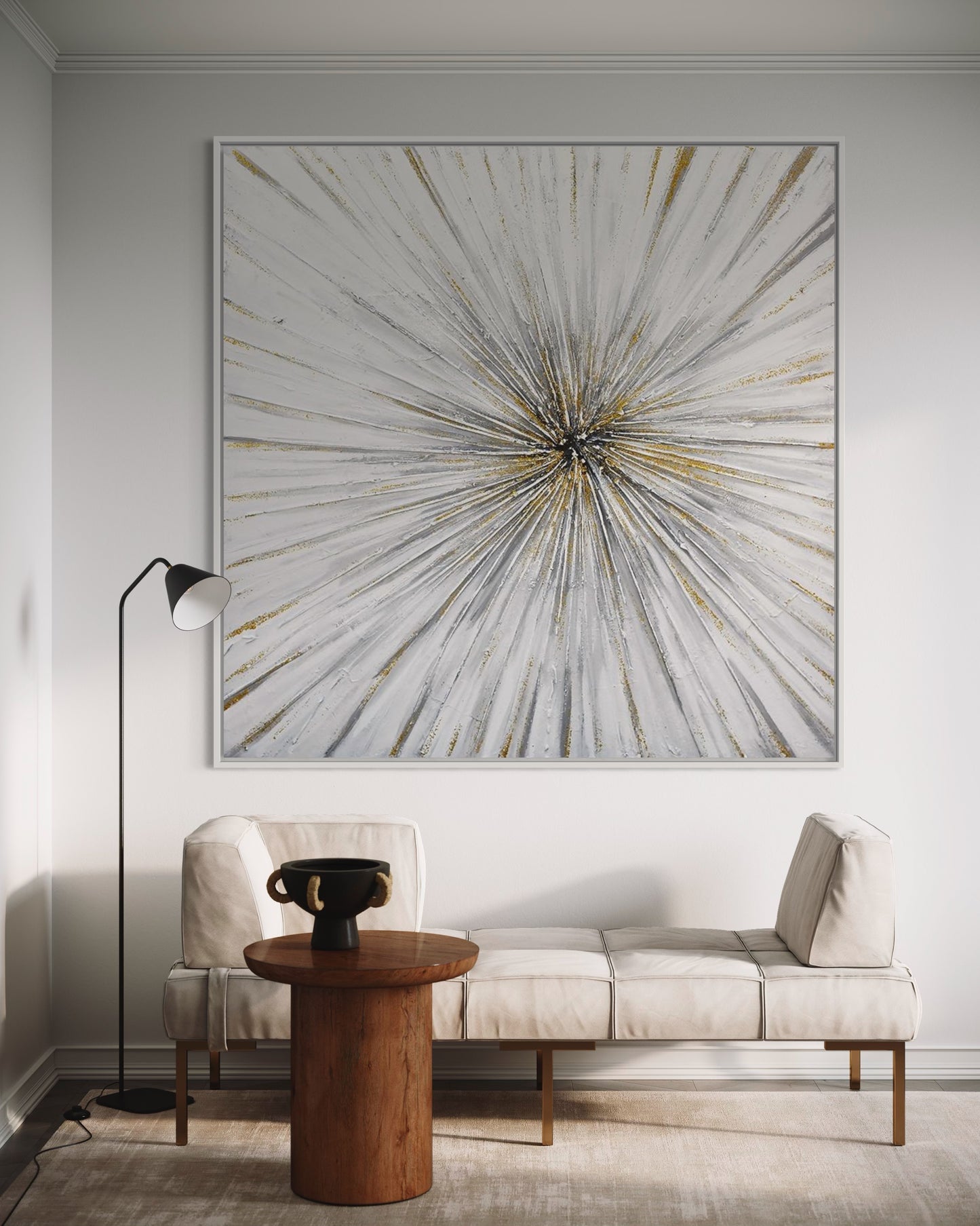 3D Textured Original Oil Painting on Canvas Golden Radial Abstract Acrylic Painting