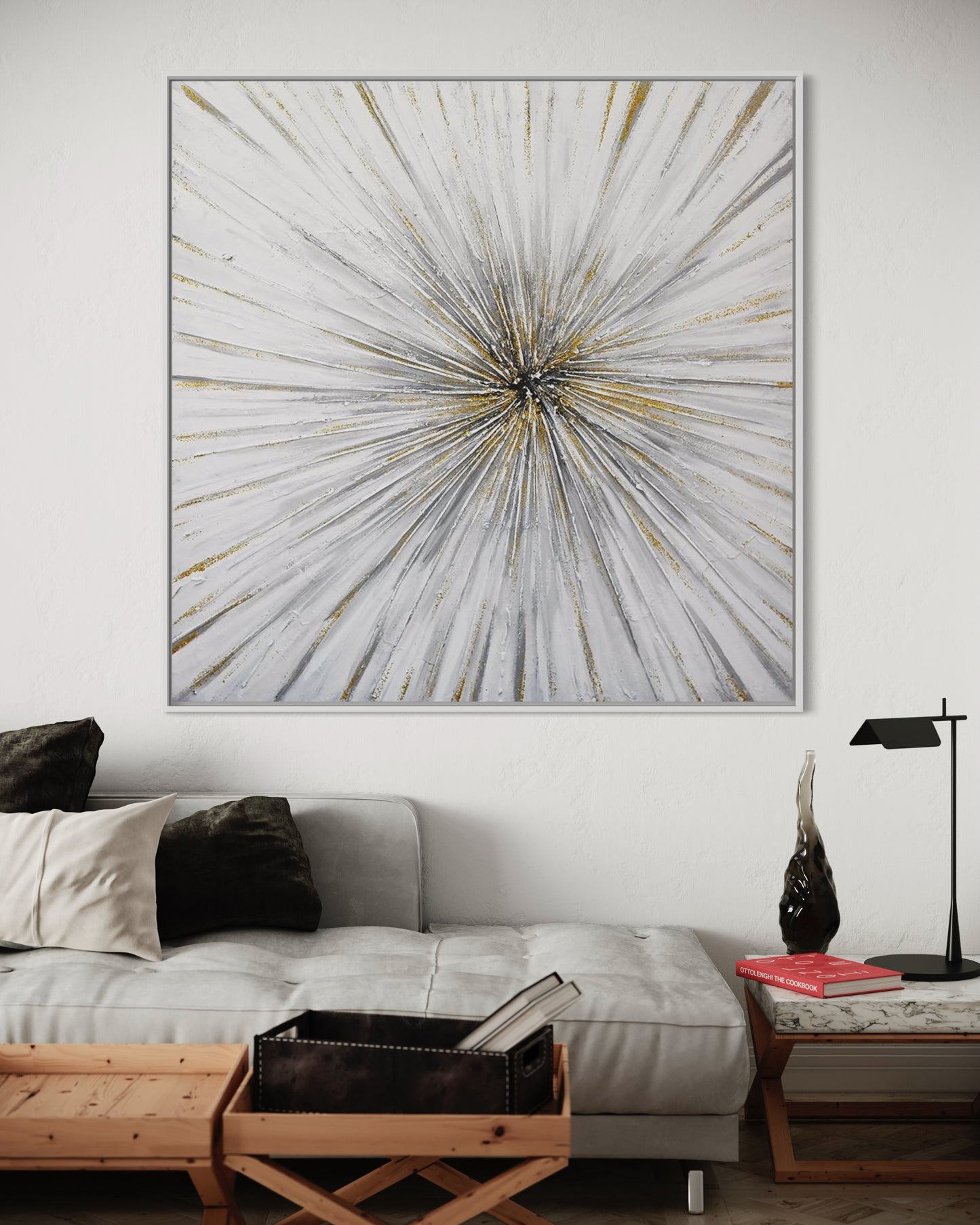 3D Textured Original Oil Painting on Canvas Golden Radial Abstract Acrylic Painting