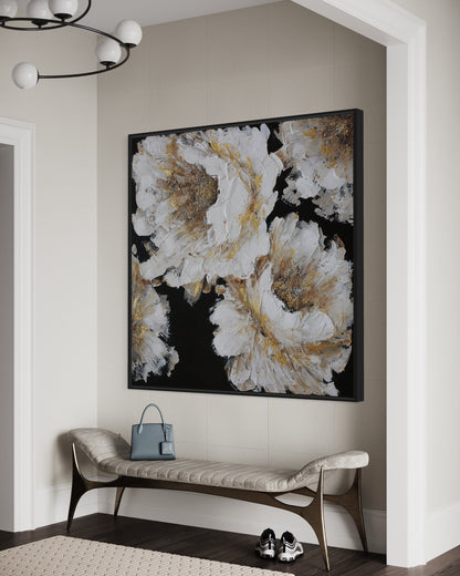 3D Textured Original Oil Painting on Canvas Gold Flowers on Black Background Abstract Acrylic Painting