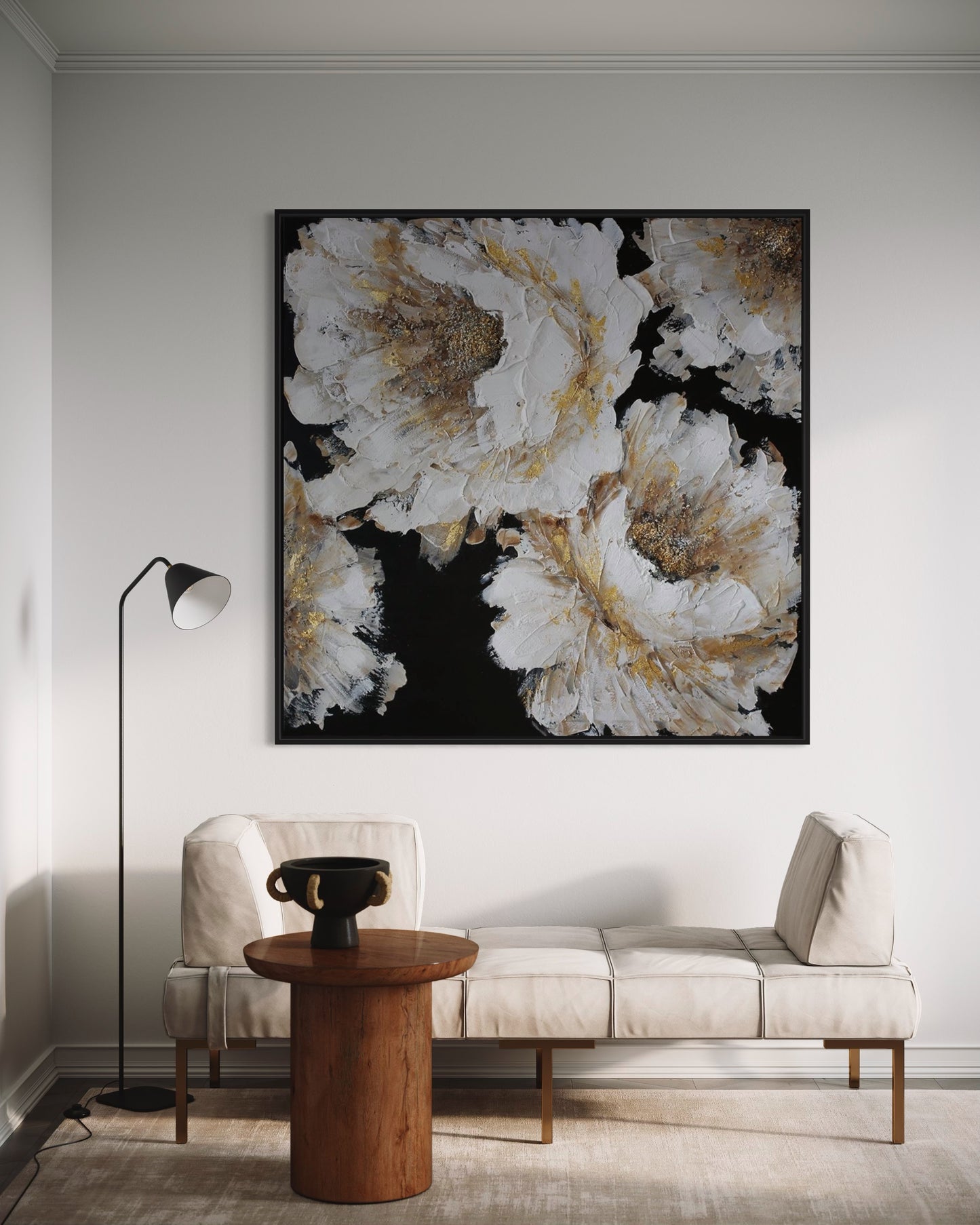 3D Textured Original Oil Painting on Canvas Gold Flowers on Black Background Abstract Acrylic Painting