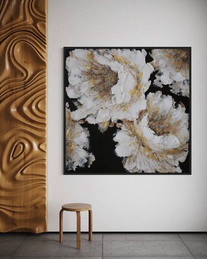 3D Textured Original Oil Painting on Canvas Gold Flowers on Black Background Abstract Acrylic Painting