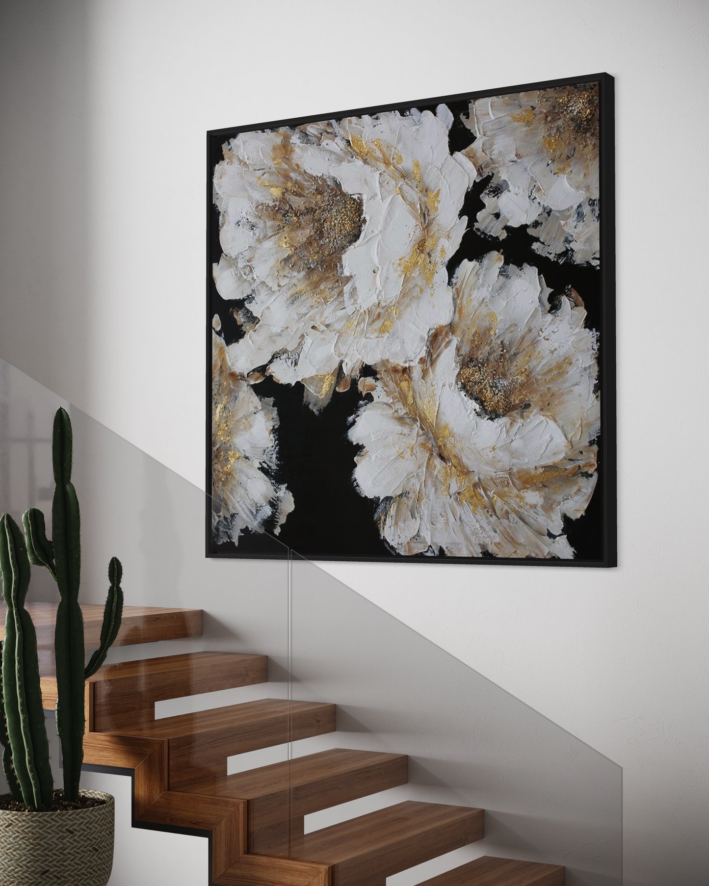 3D Textured Original Oil Painting on Canvas Gold Flowers on Black Background Abstract Acrylic Painting