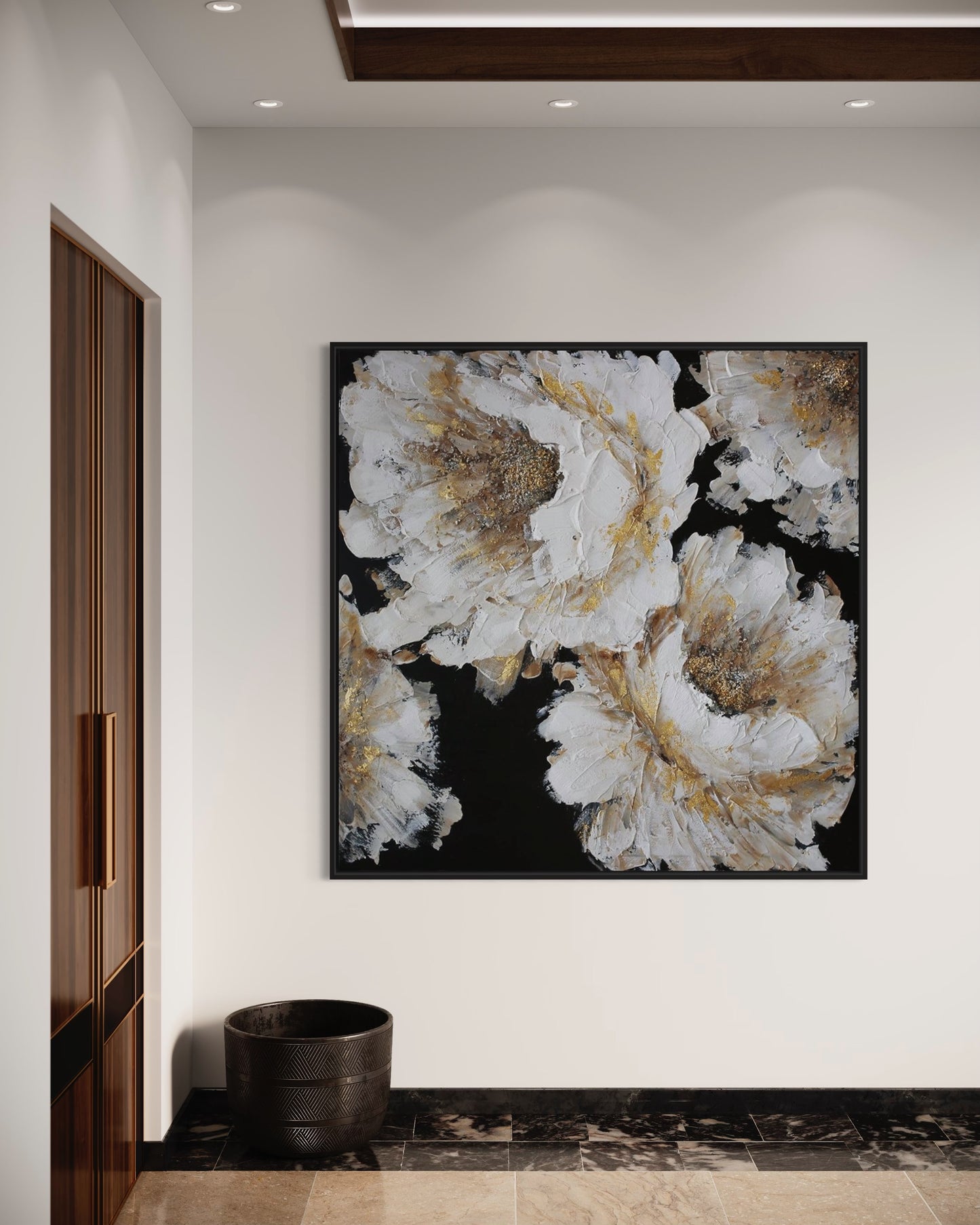 3D Textured Original Oil Painting on Canvas Gold Flowers on Black Background Abstract Acrylic Painting