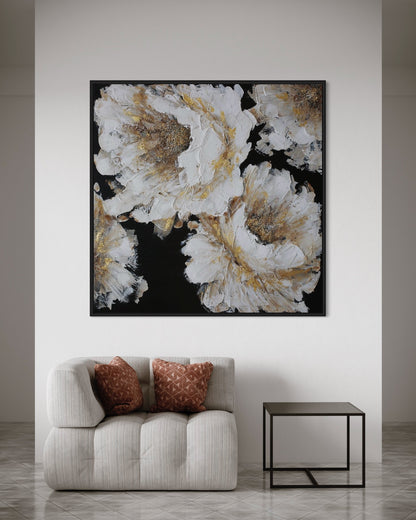 3D Textured Original Oil Painting on Canvas Gold Flowers on Black Background Abstract Acrylic Painting