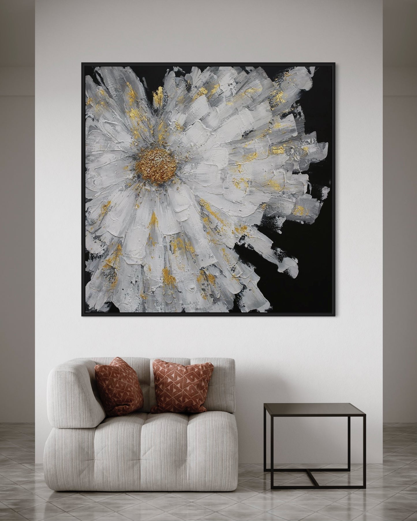 3D Textured Original Oil Painting on Canvas A Gold Flower on Black Background Abstract Acrylic Painting