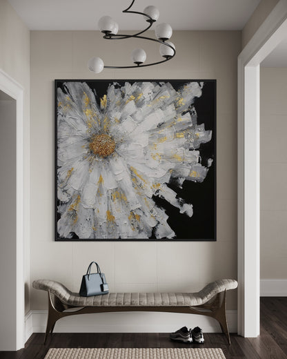 3D Textured Original Oil Painting on Canvas A Gold Flower on Black Background Abstract Acrylic Painting