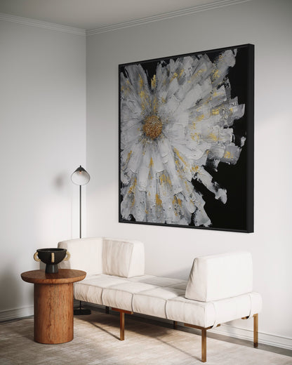 3D Textured Original Oil Painting on Canvas A Gold Flower on Black Background Abstract Acrylic Painting