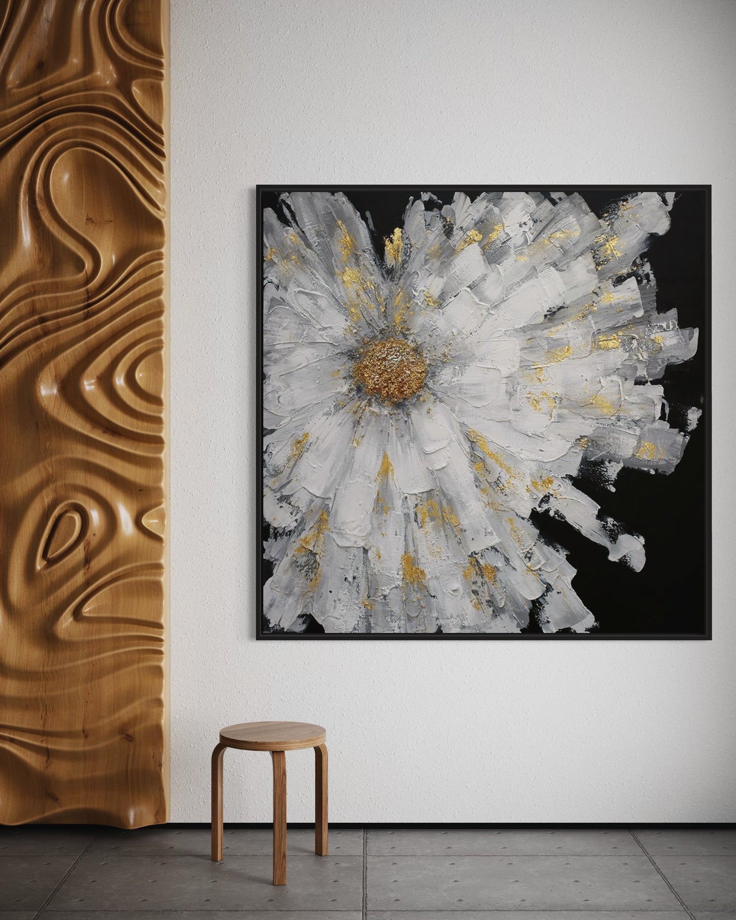 3D Textured Original Oil Painting on Canvas A Gold Flower on Black Background Abstract Acrylic Painting