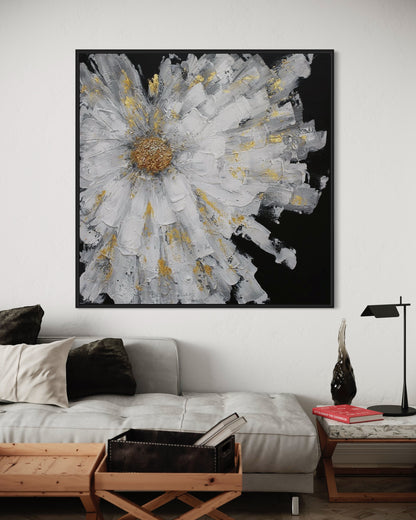 3D Textured Original Oil Painting on Canvas A Gold Flower on Black Background Abstract Acrylic Painting