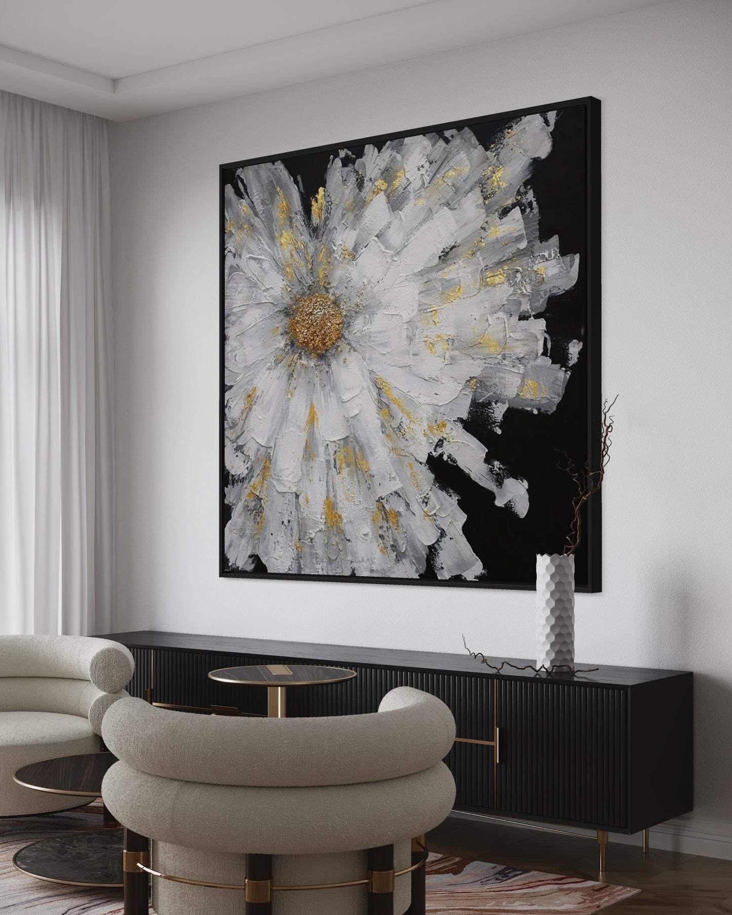 3D Textured Original Oil Painting on Canvas A Gold Flower on Black Background Abstract Acrylic Painting