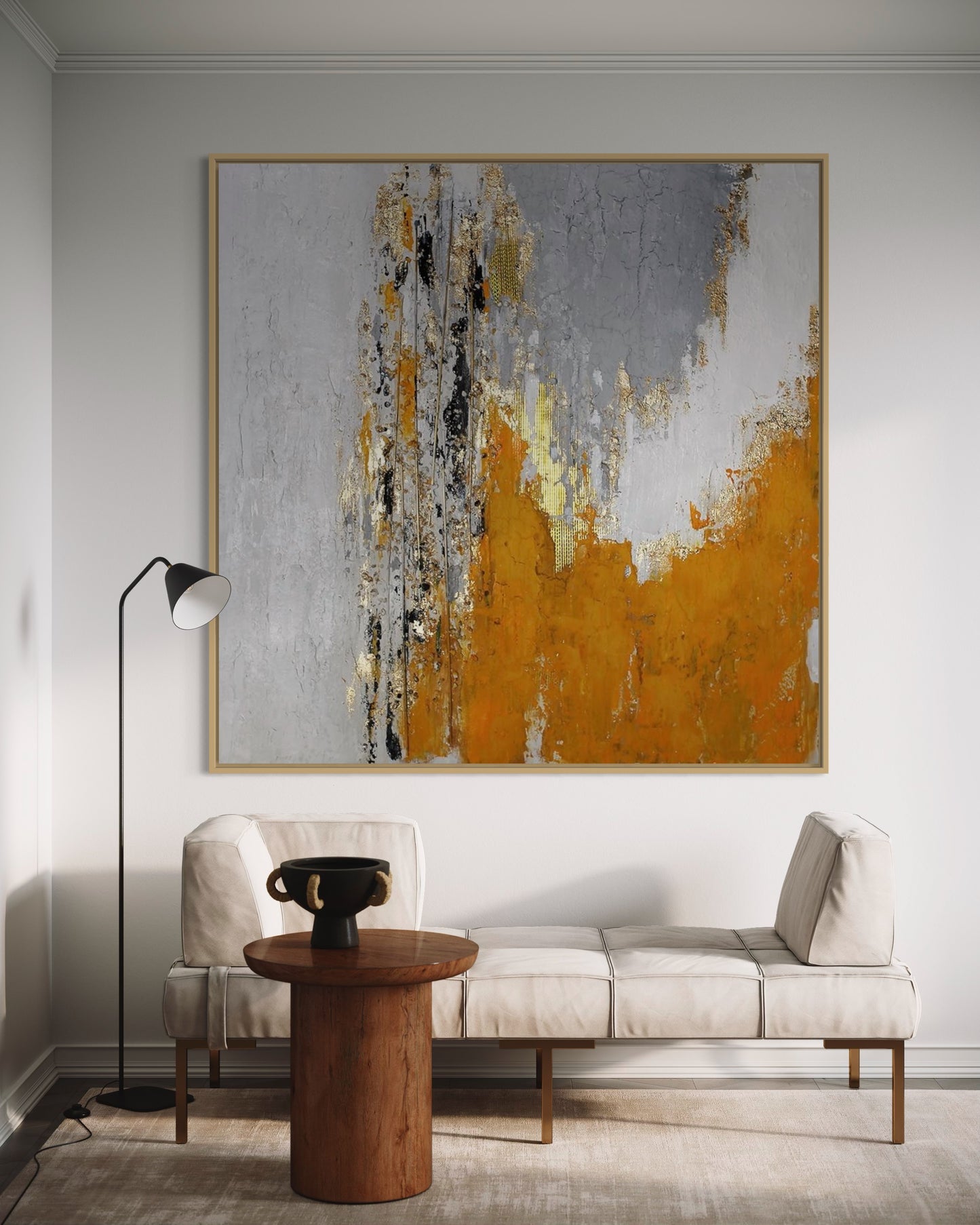 3D Textured Original Oil Painting on Canvas White Golden Orange Abstract Acrylic Painting