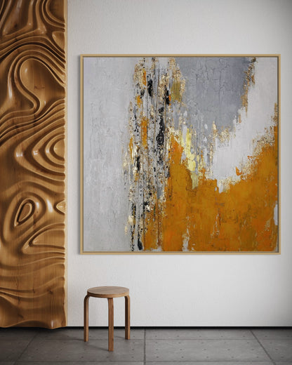 3D Textured Original Oil Painting on Canvas White Golden Orange Abstract Acrylic Painting