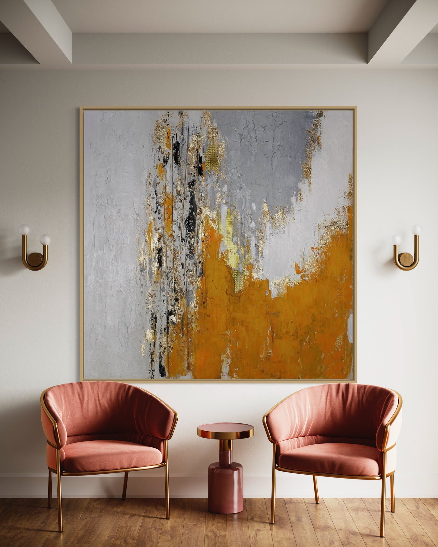 3D Textured Original Oil Painting on Canvas White Golden Orange Abstract Acrylic Painting