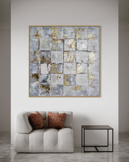 3D Textured Original Oil Painting on Canvas Blue Golden Block Abstract Acrylic Painting