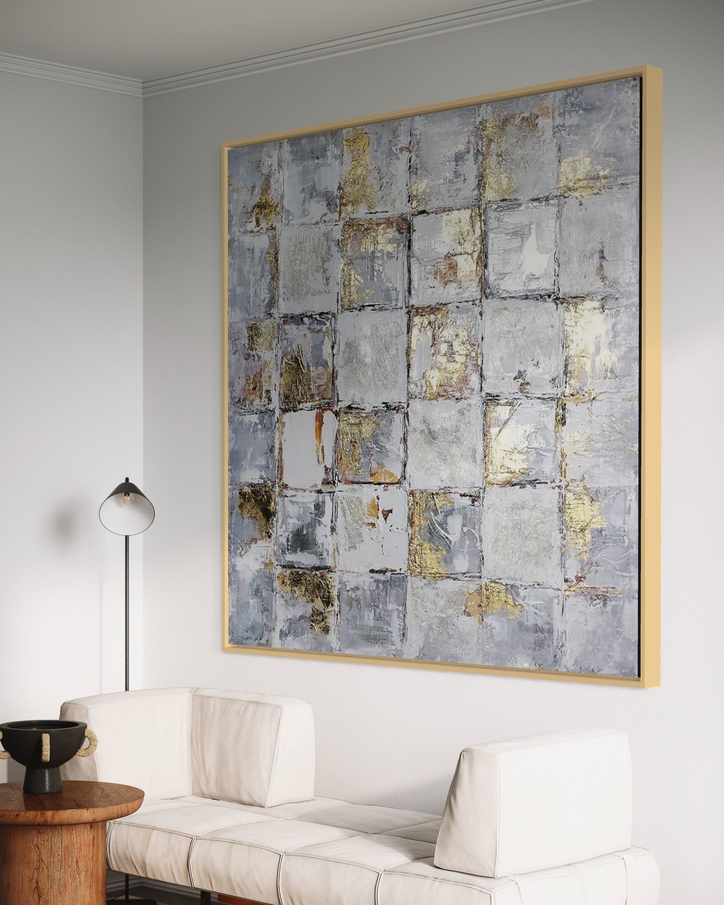 3D Textured Original Oil Painting on Canvas Blue Golden Block Abstract Acrylic Painting