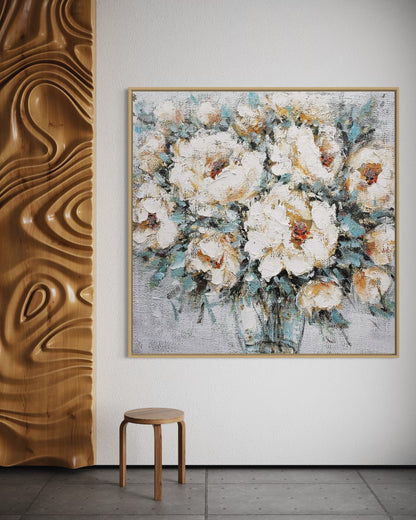 3D Textured Original Oil Painting on Canvas Flowers & Green Leaves Abstract Acrylic Painting