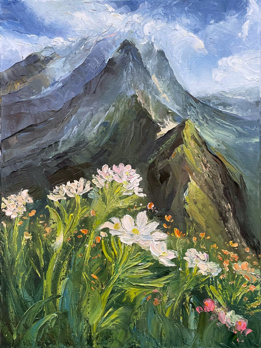 Mountain Landscape with Flowers Oil Painting