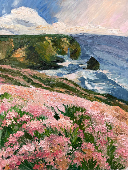 Coastal Cliffside with Pink Flowers Oil Painting