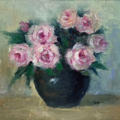 Soft Pink Roses in Dark Vase Oil Painting