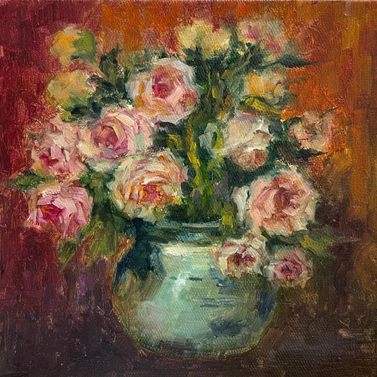 Classic Pink Roses in Blue Vase Oil Painting