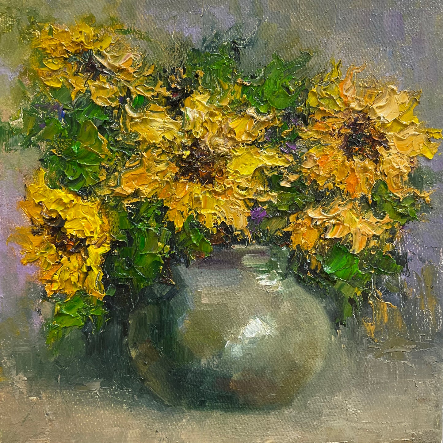 Bright Yellow Flowers in Ceramic Vase Oil Painting