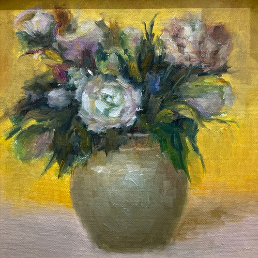 Elegant White Flowers in Brown Vase Oil Painting