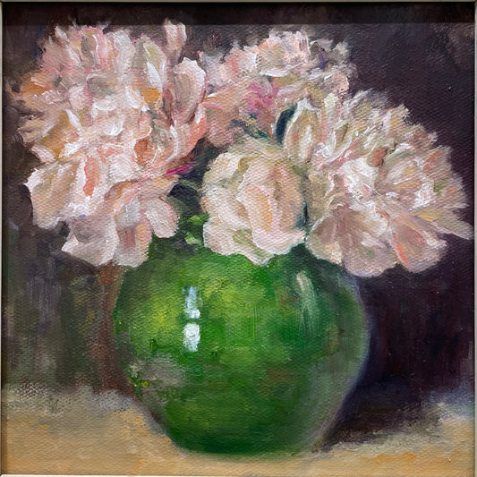 Soft Pink Flowers in Green Vase Oil Painting