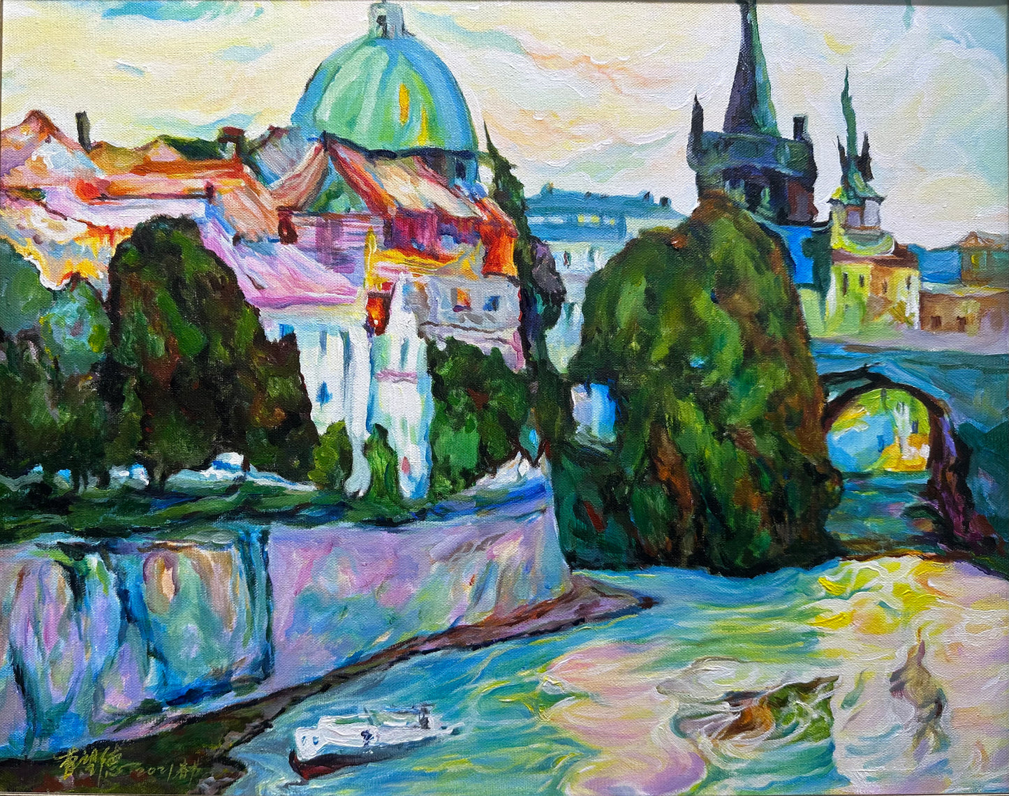 Colorful Cityscape Oil Painting with River View