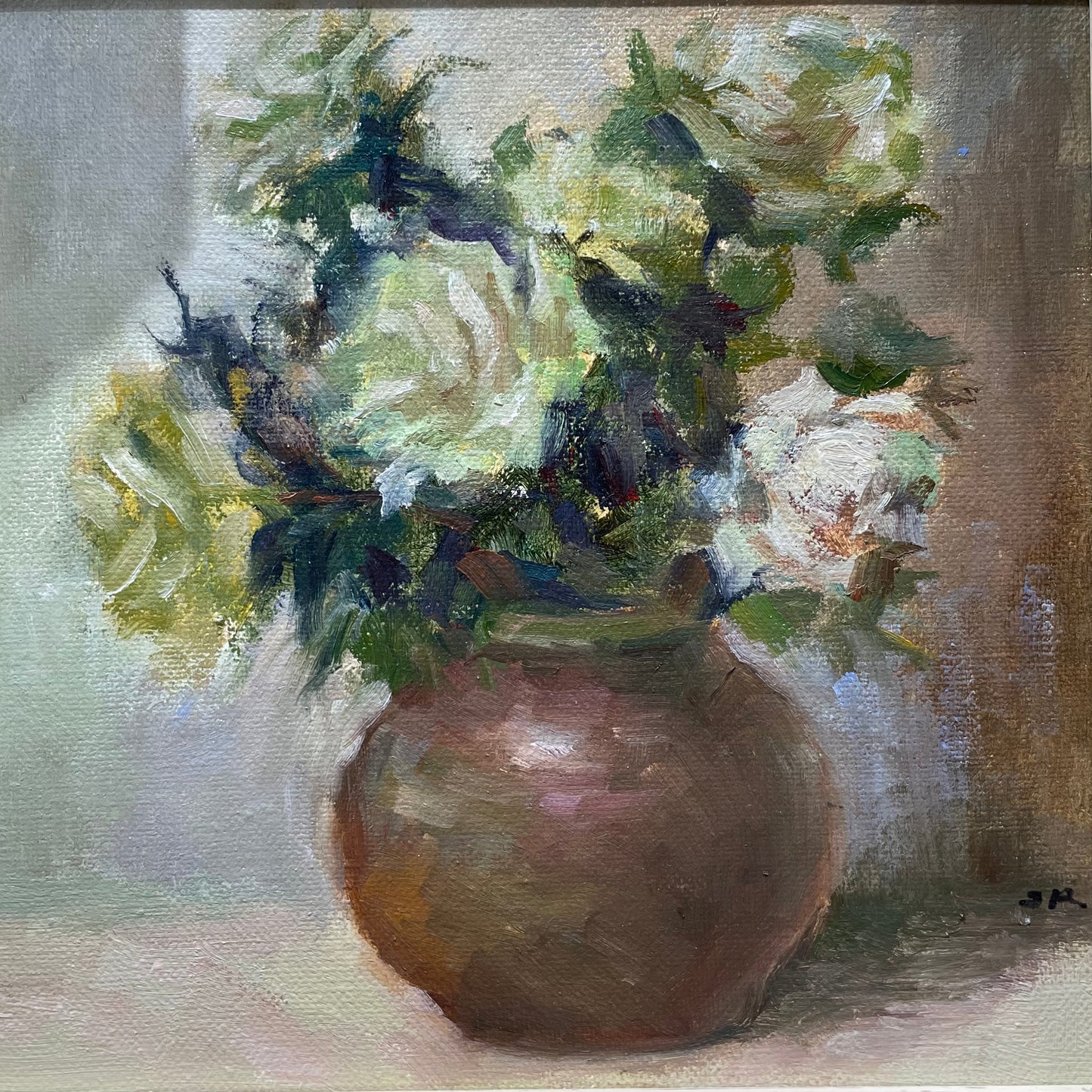 Lush White Blossoms in Green Vase Oil Painting