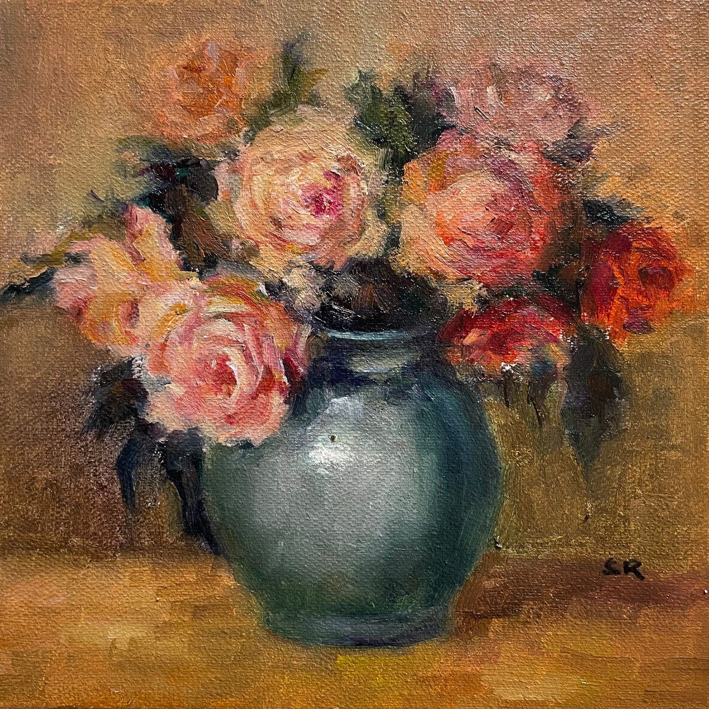 Vintage Pink Roses in Blue Vase Oil Painting