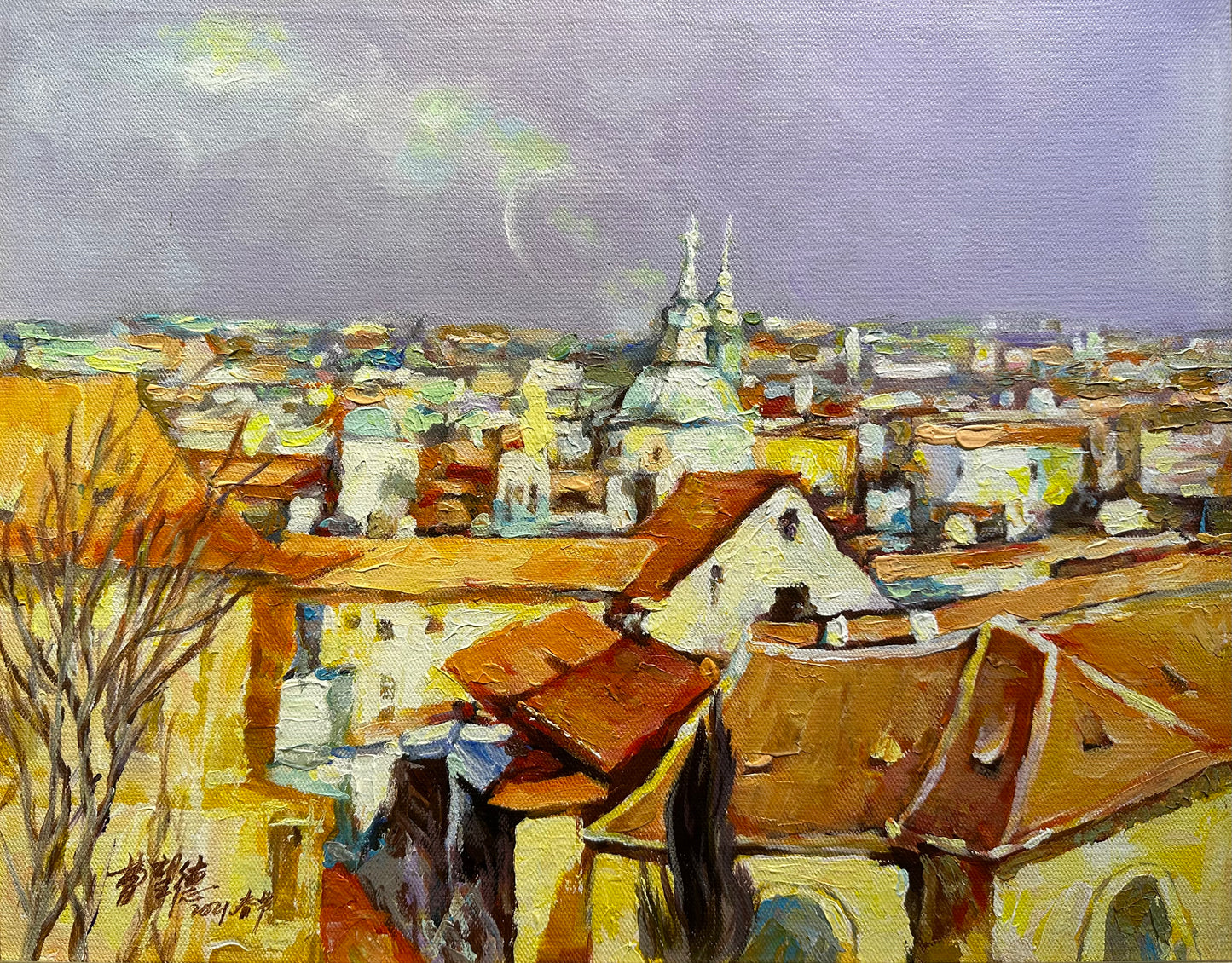 Charming Cityscape Oil Painting of Rooftops