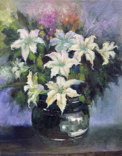 Serene White Lilies in Dark Vase Oil Painting