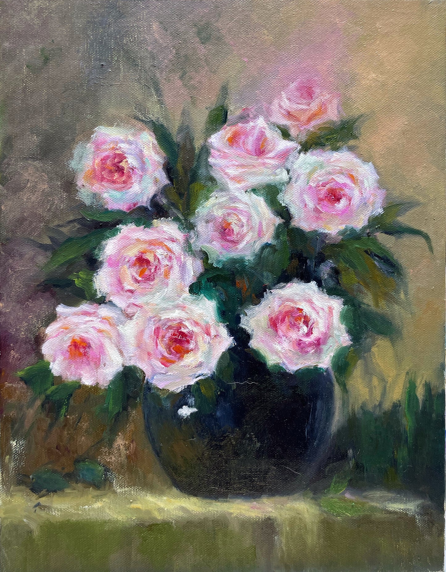 Charming Pink Peonies in Dark Vase Oil Painting