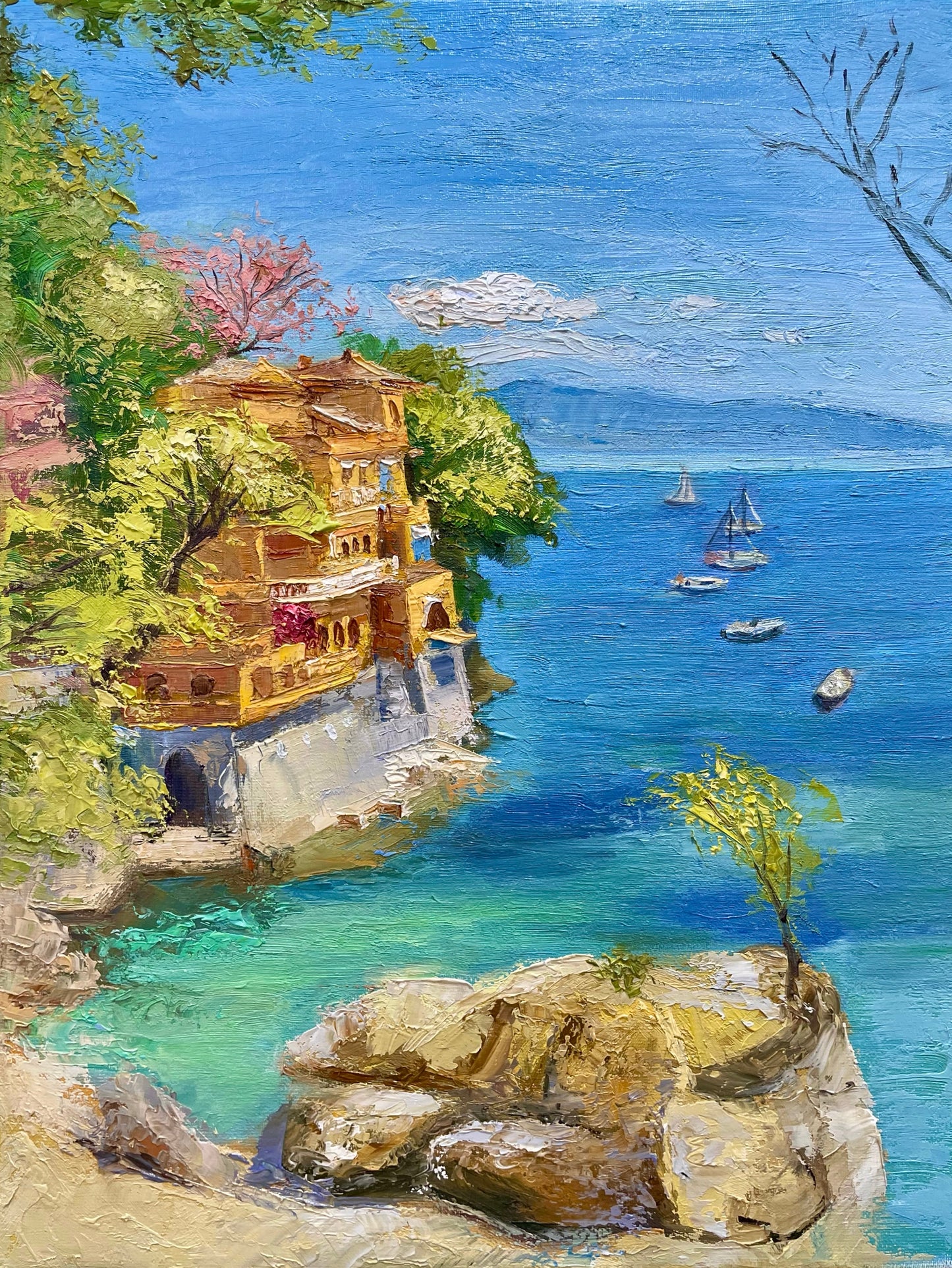 Mediterranean Coastal Scene Oil Painting